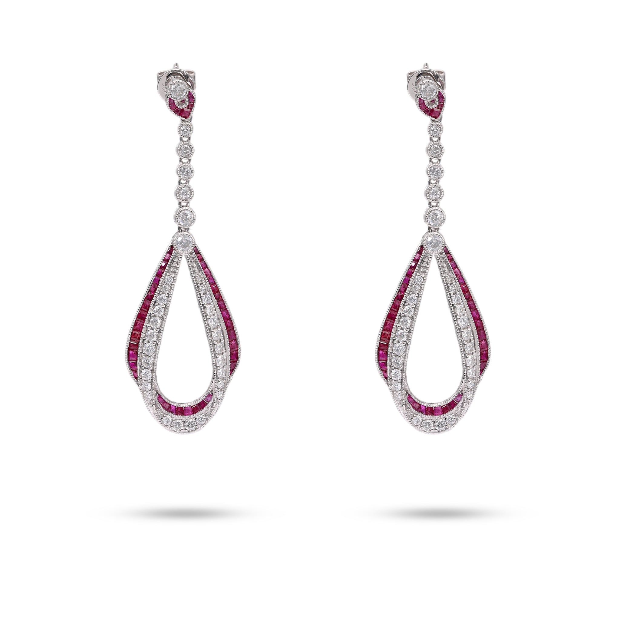 Diamond Ruby 14k White Gold Dangle Earrings