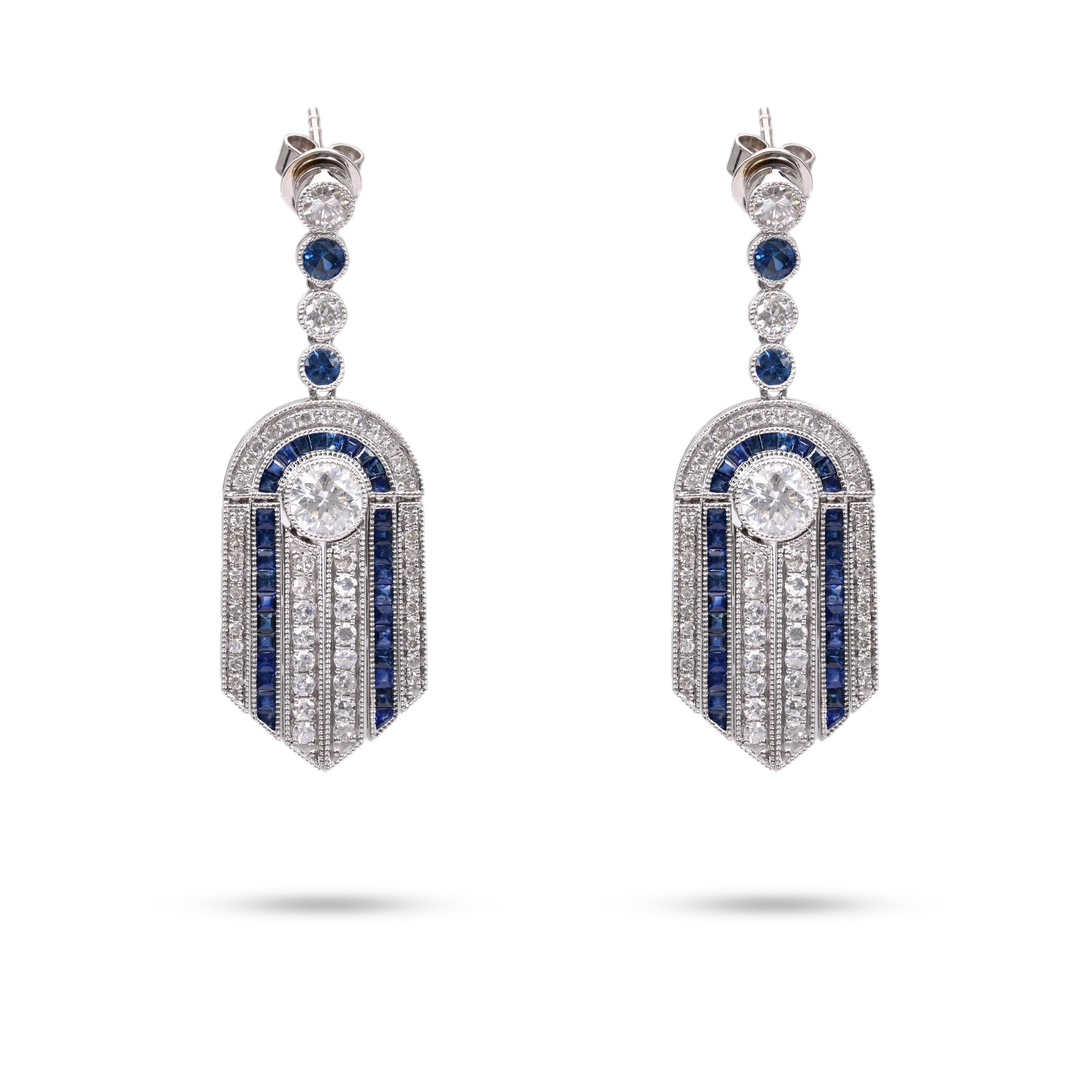Art Deco Inspired Diamond Sapphire 14k White Gold Dangle Earrings