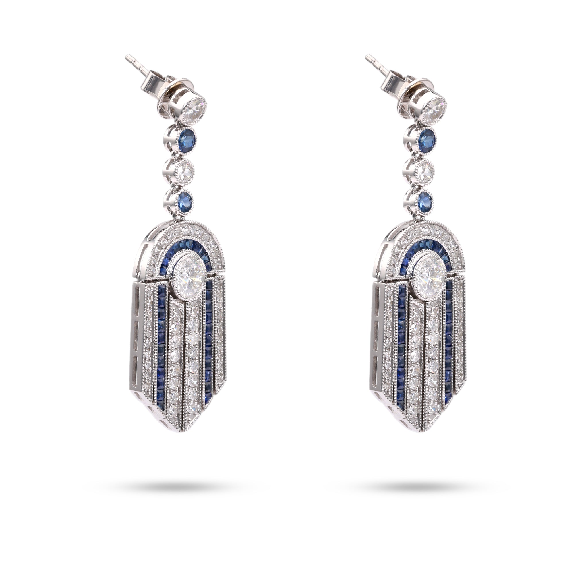 Art Deco Inspired Diamond Sapphire 14k White Gold Dangle Earrings