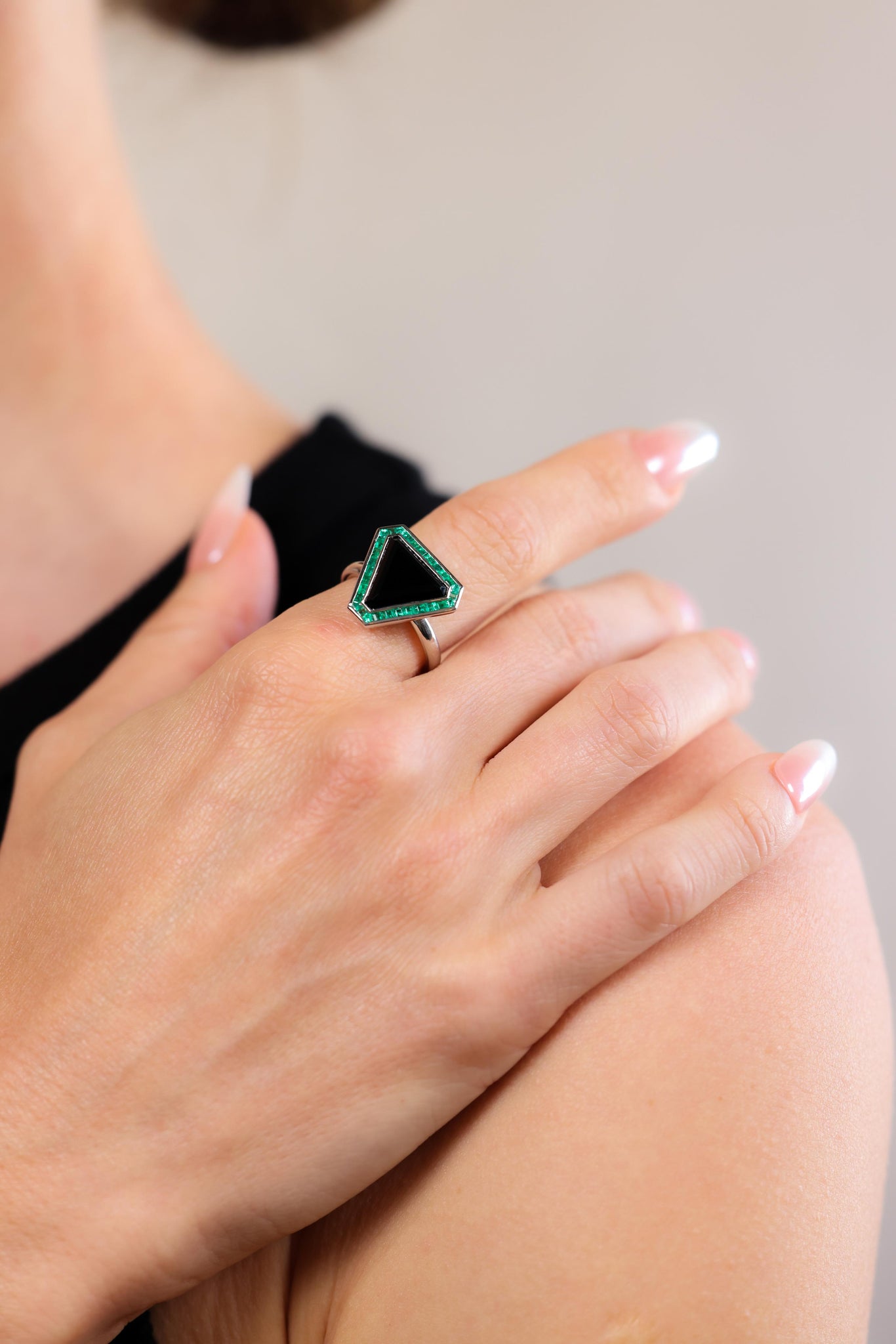One Onyx Emerald Platinum Ring