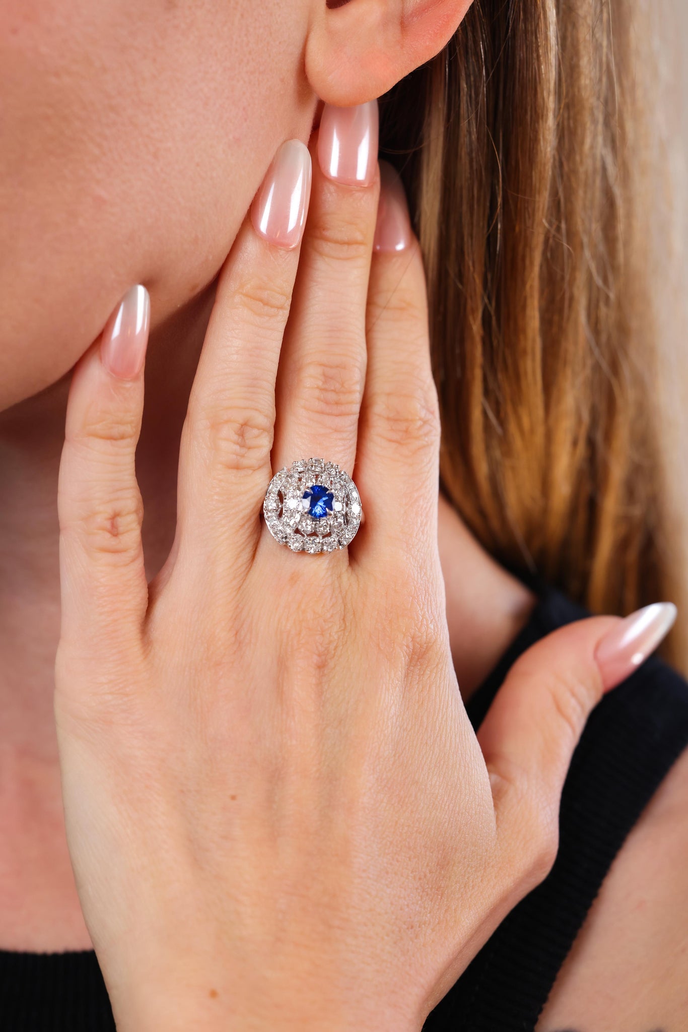 Sapphire Diamond Platinum Cluster Ring