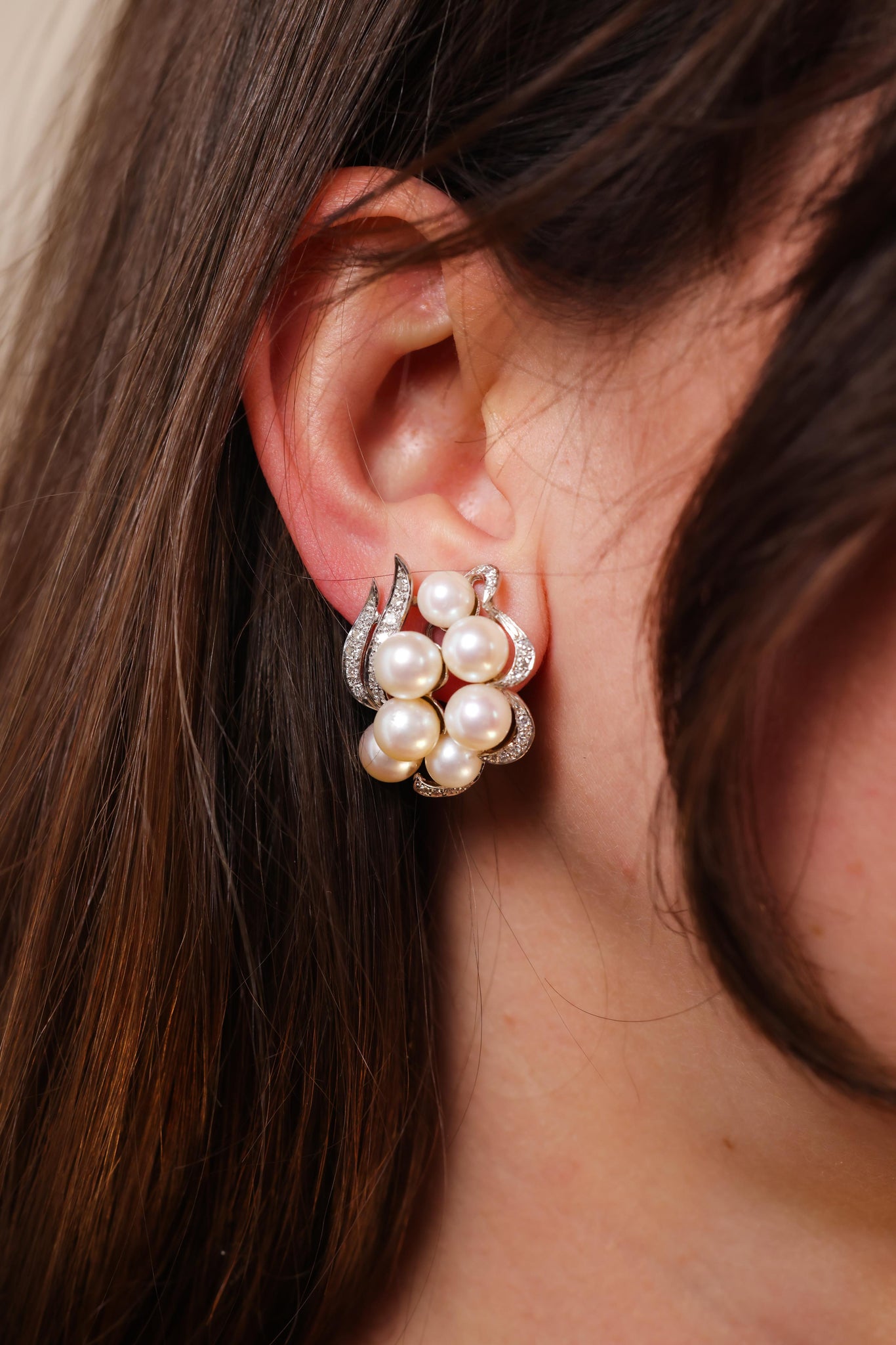 Vintage Pearl Diamond White Gold Earrings