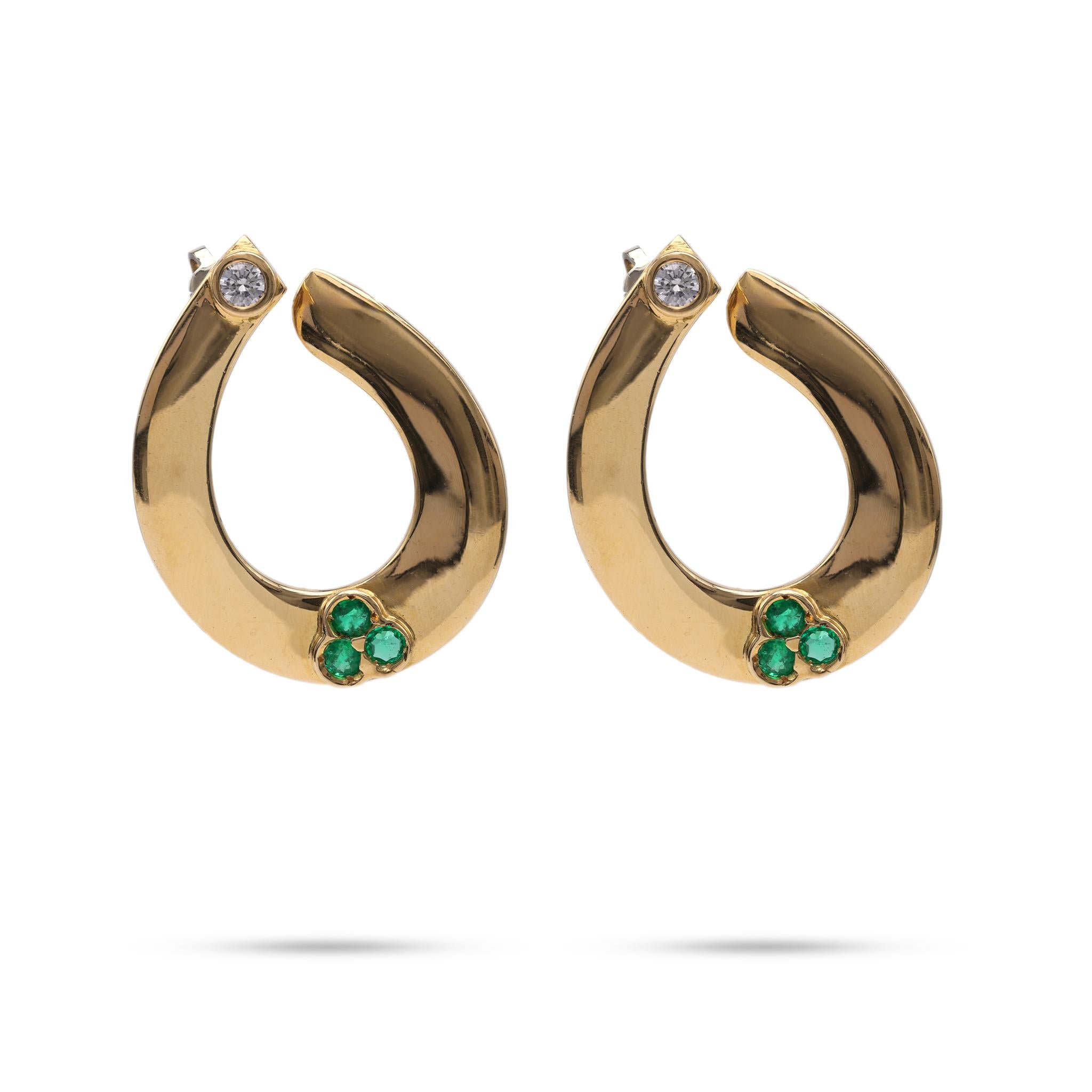 Diamond Emerald Yellow Gold Hoop Earrings