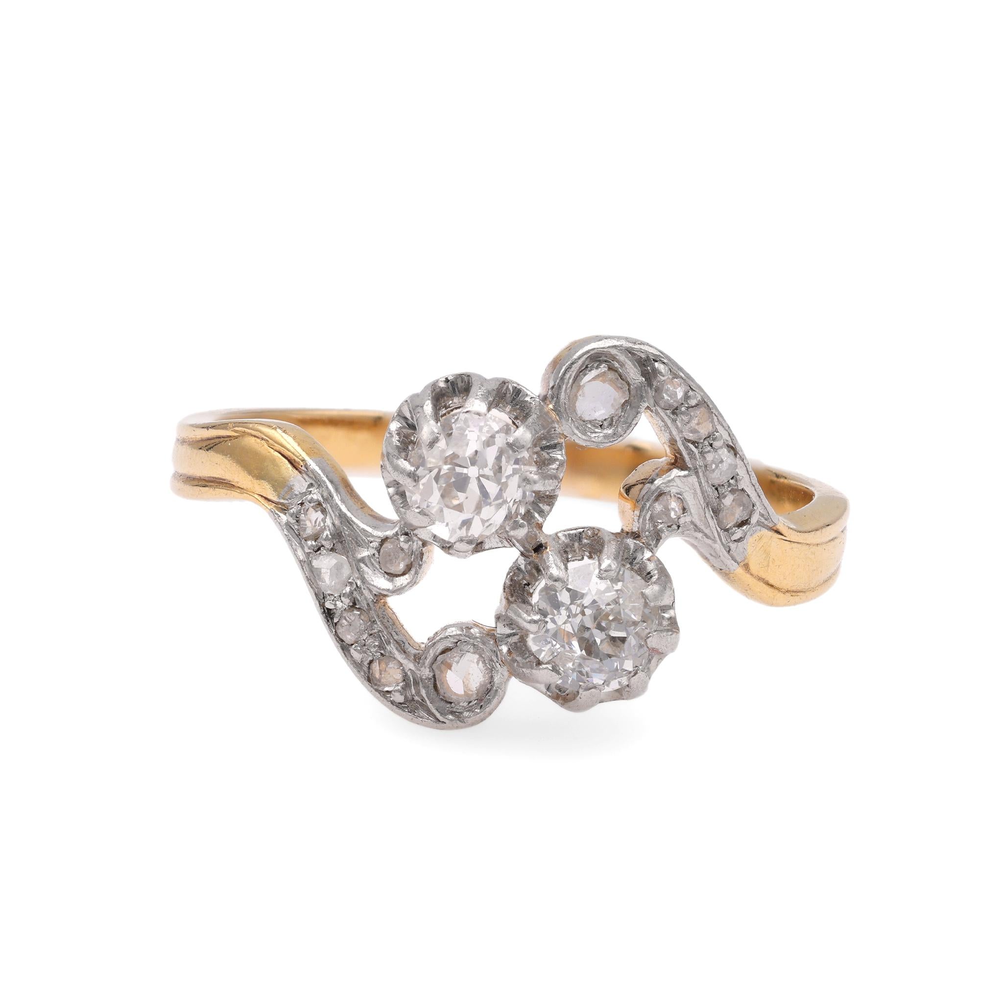 French Belle Epoque Diamond Yellow Gold Toi Et Moi Ring
