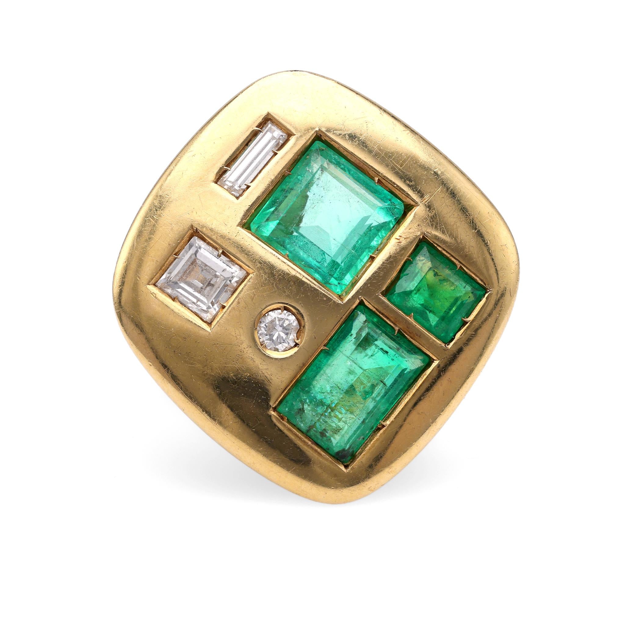 Mid-Century Emerald Diamond Yellow Gold Cocktail Ring