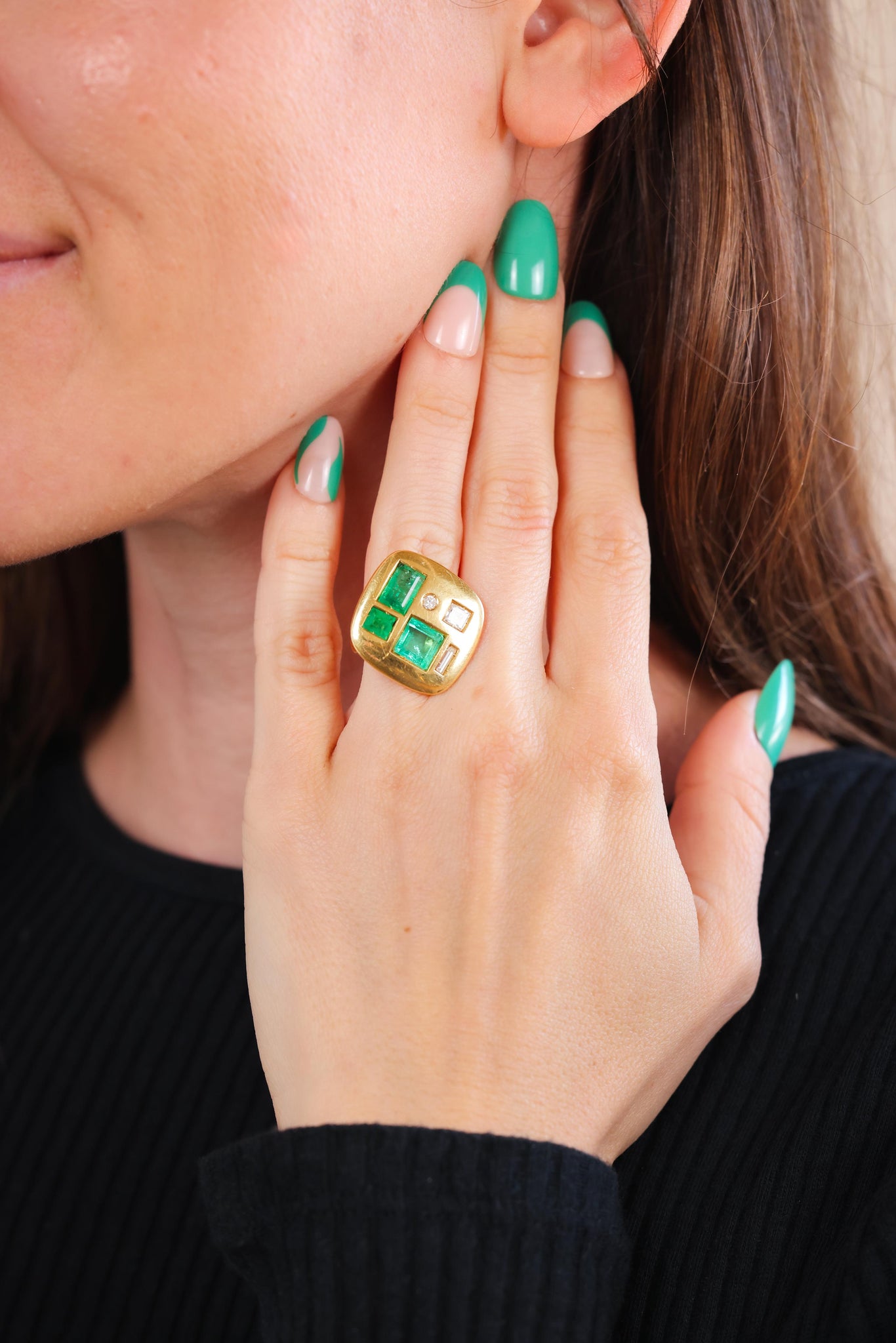Mid-Century Emerald Diamond Yellow Gold Cocktail Ring  Jack Weir & Sons   