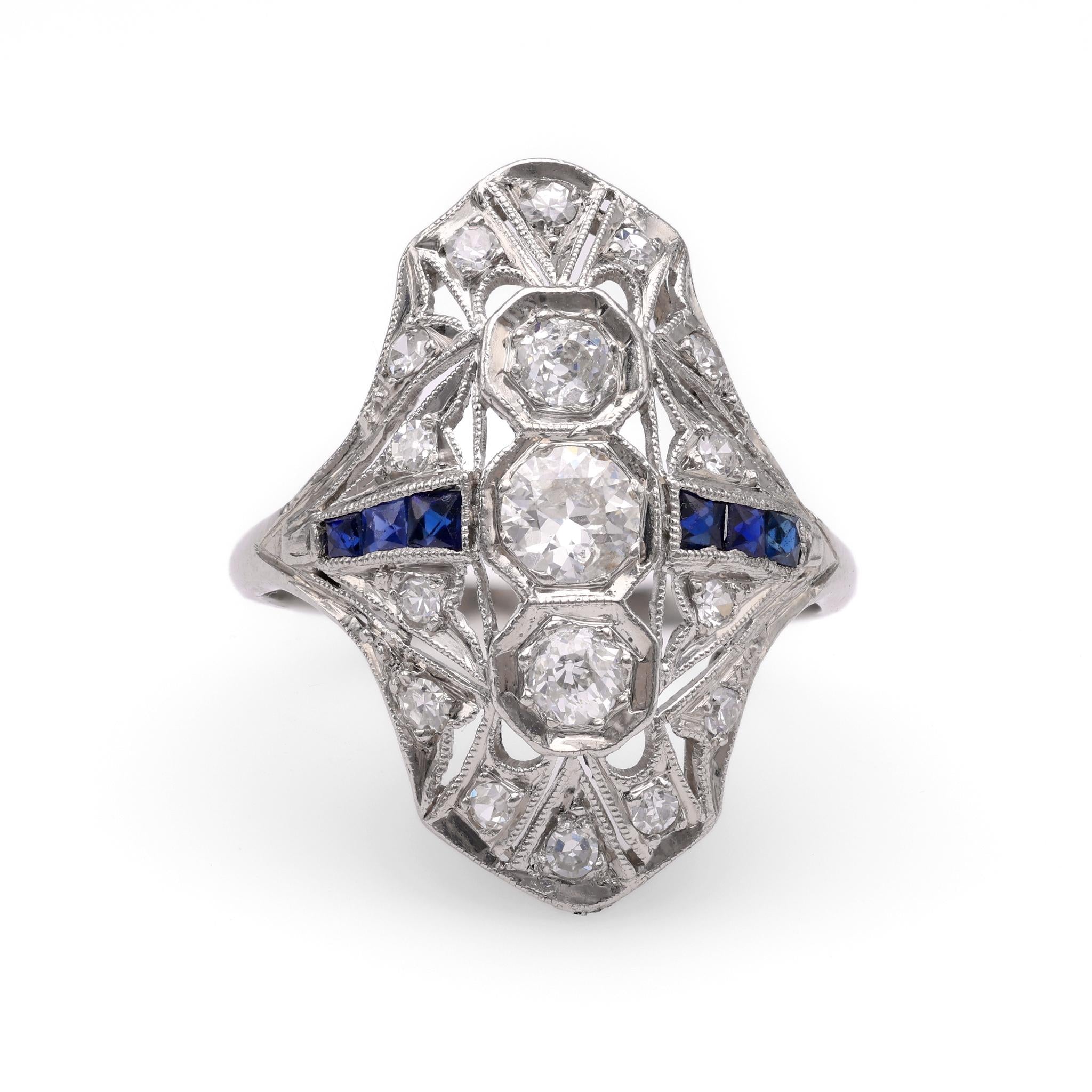 Art Deco Diamond Sapphire Platinum Navette Ring  Jack Weir & Sons   