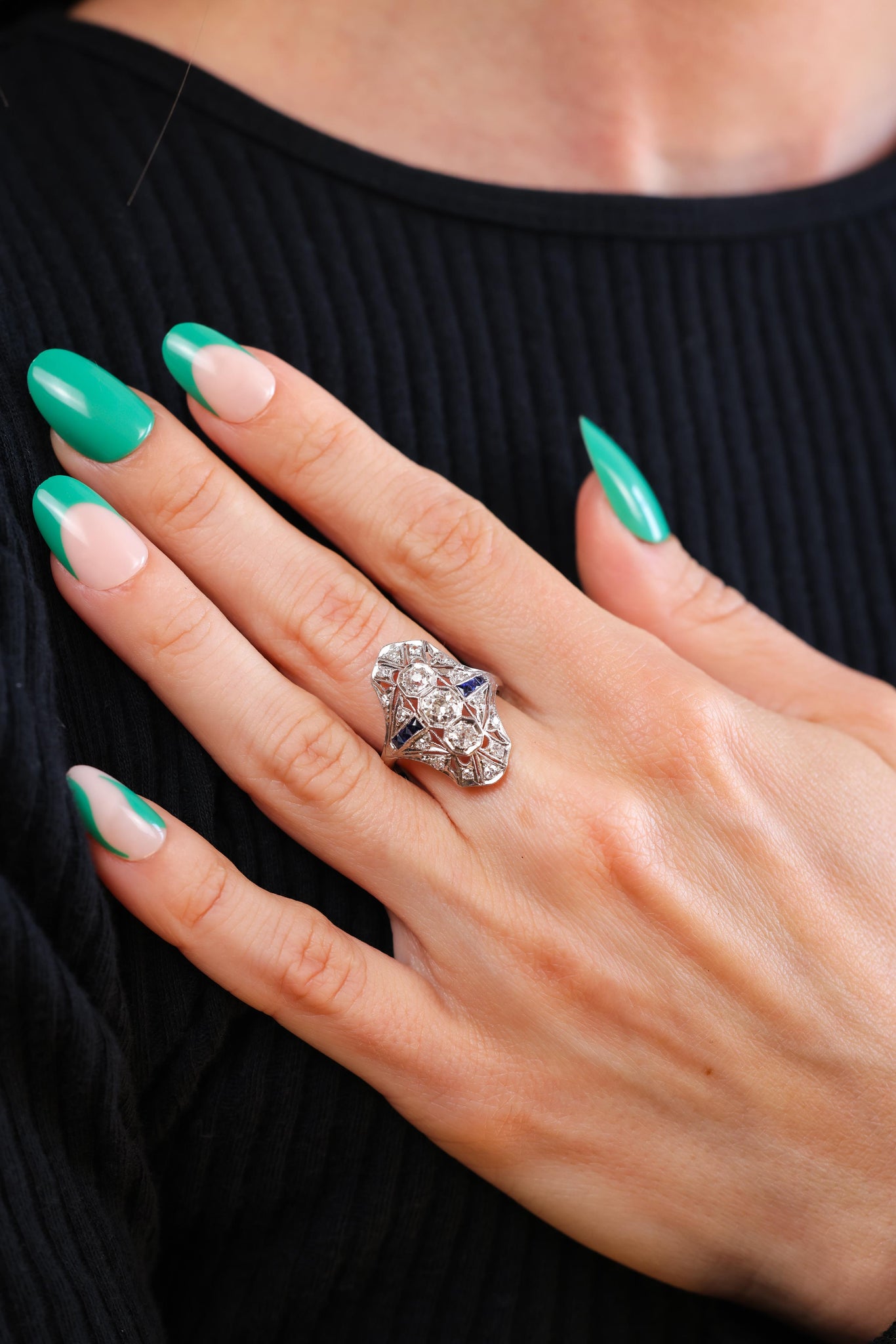 Art Deco Diamond Sapphire Platinum Navette Ring