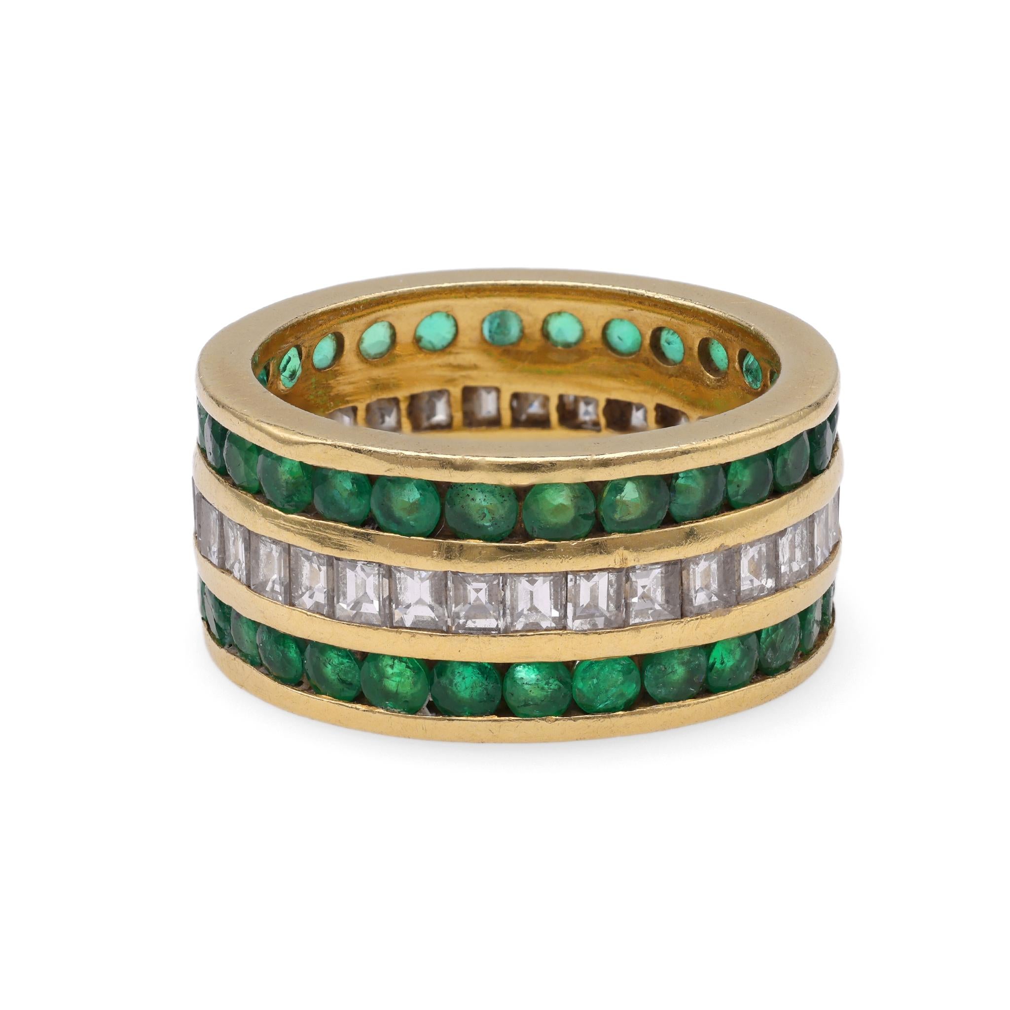 Vintage Diamond Emerald Three Row Yellow Gold Ring