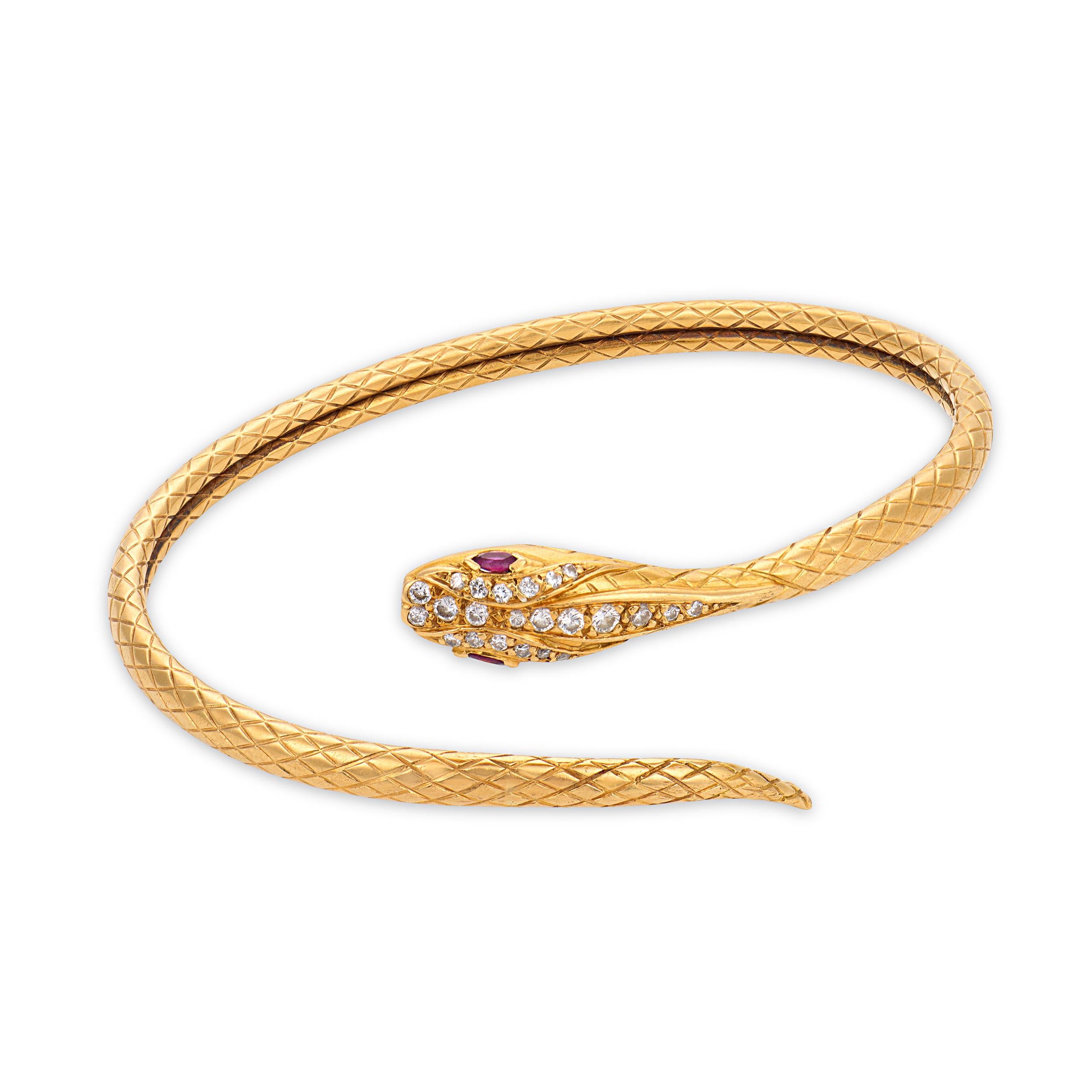 Vintage diamond ruby 18k yellow gold flexible snake bangle – Jack