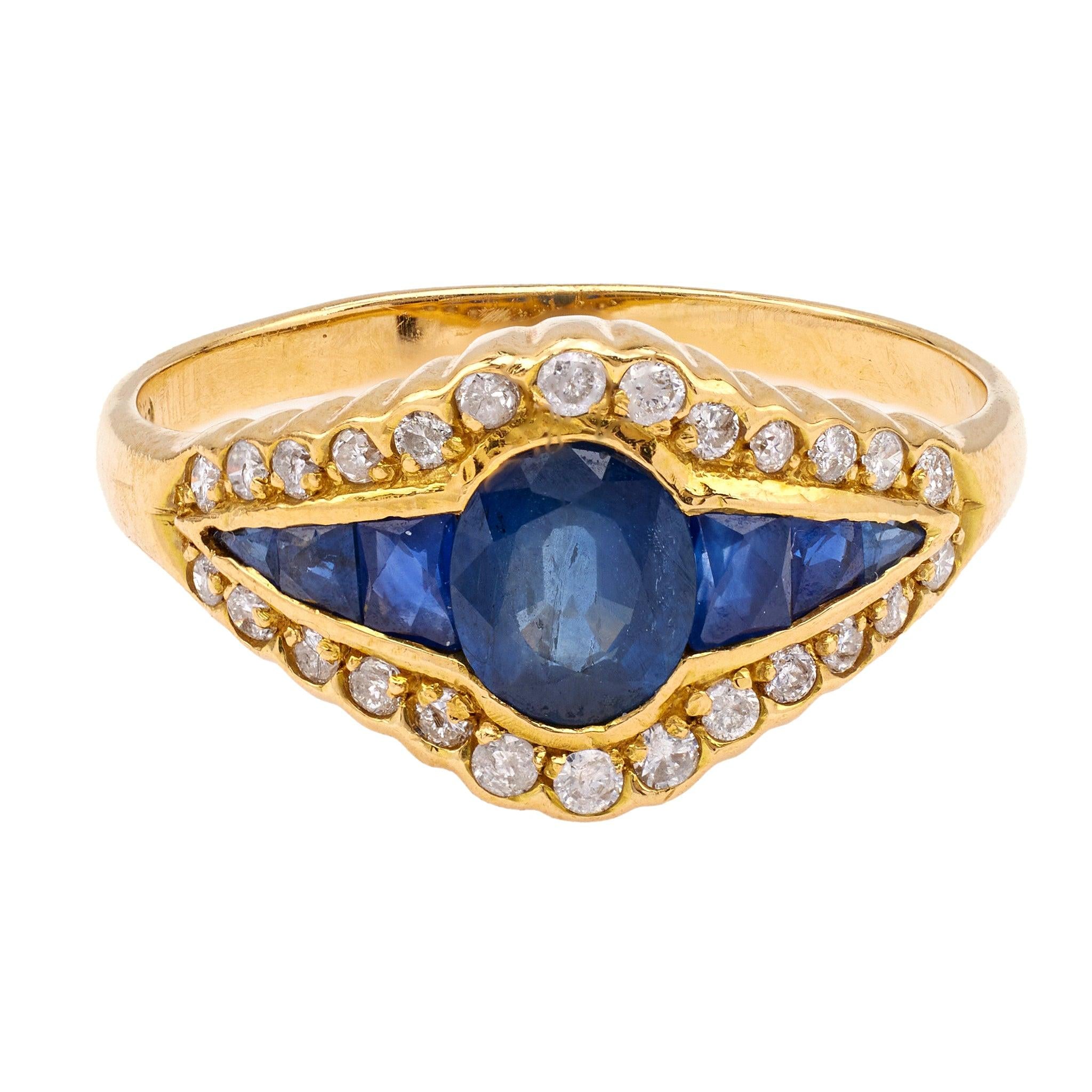 Vintage Sapphire and Diamond 18K Yellow Gold Ring