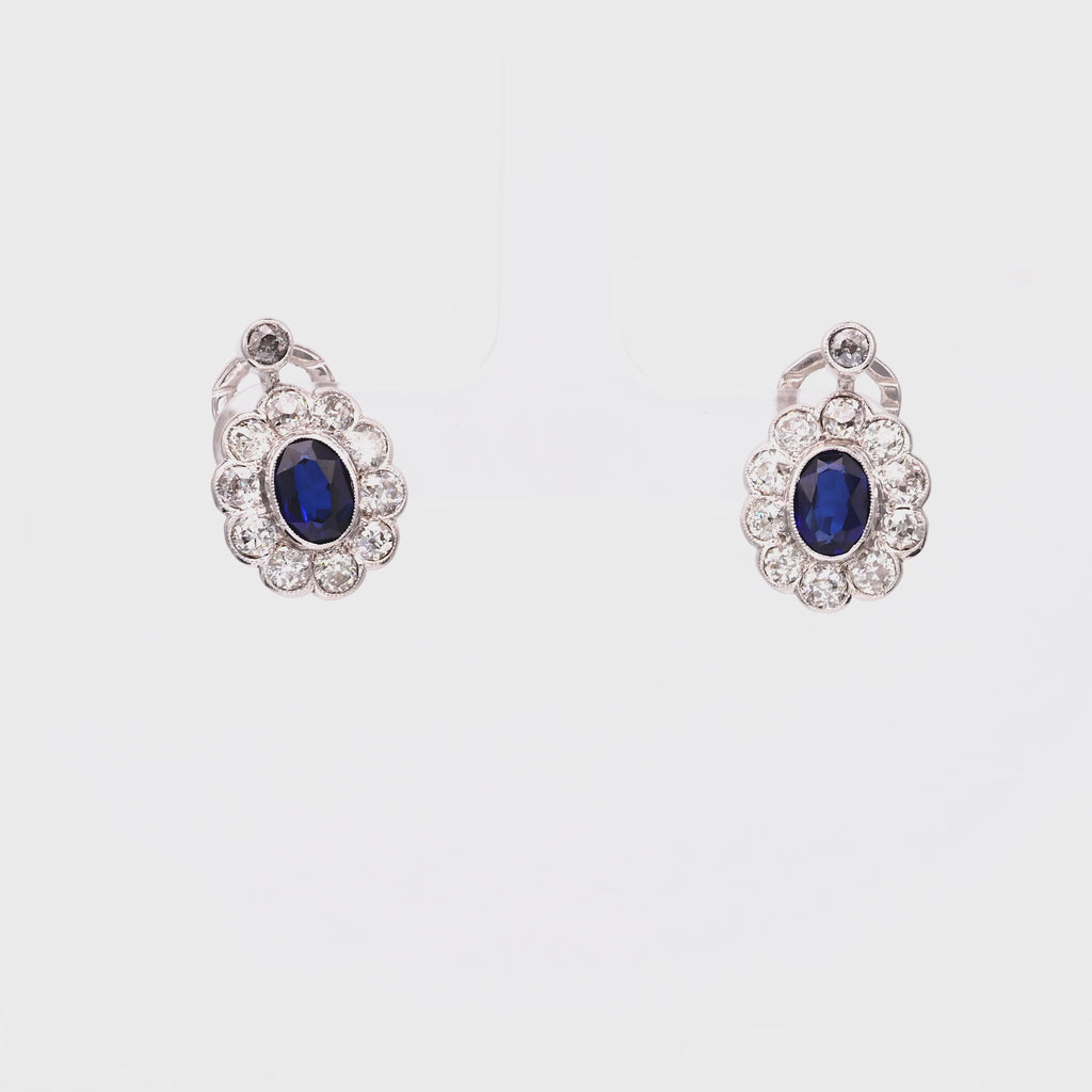 Synthetic Sapphire Diamond 14k White Gold Cluster Earrings