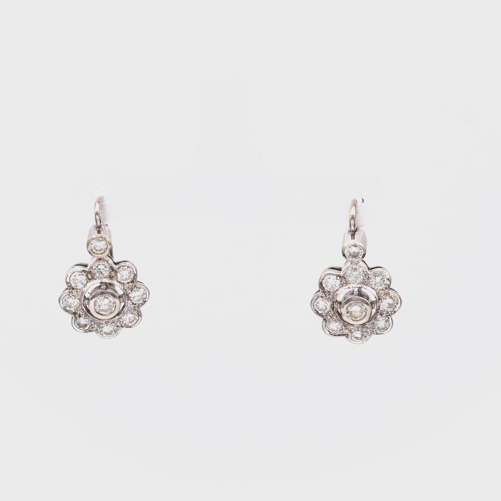One Pair of Vintage Austrian Diamond 14k White Gold Cluster Earrings