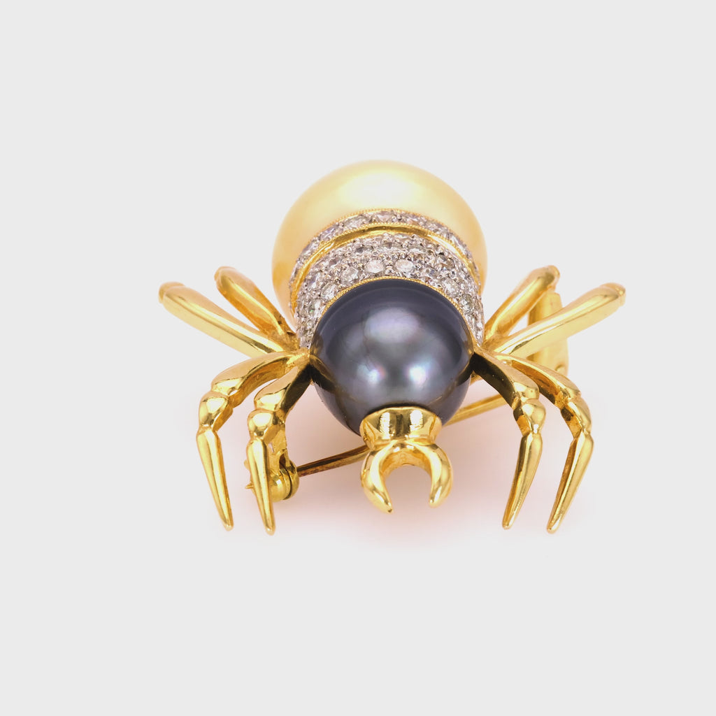 Vintage Pearl Diamond 18k Yellow Gold Spider Brooch