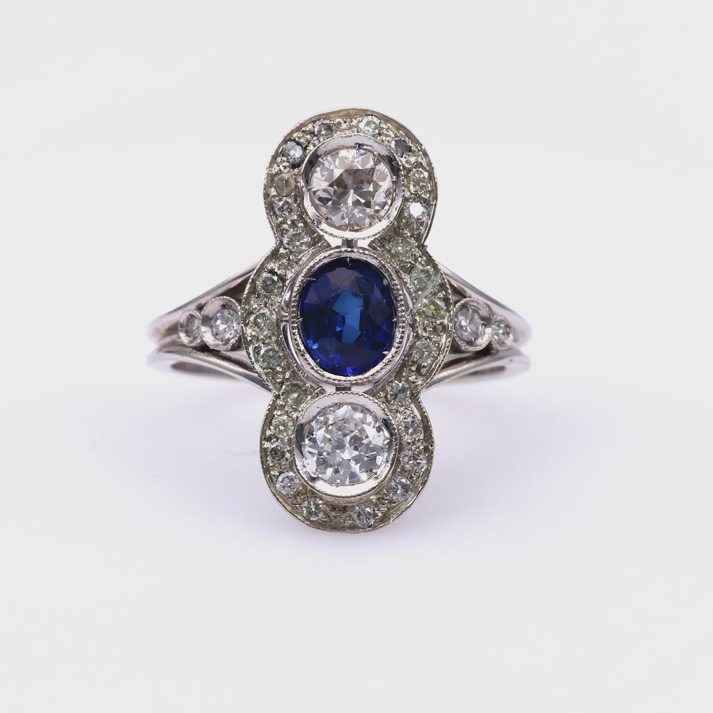 One Art Deco Revival Sapphire Diamond 18k White Gold Ring