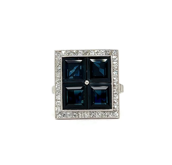 Art Deco Inspired Sapphire Diamond Platinum Square Cocktail Ring