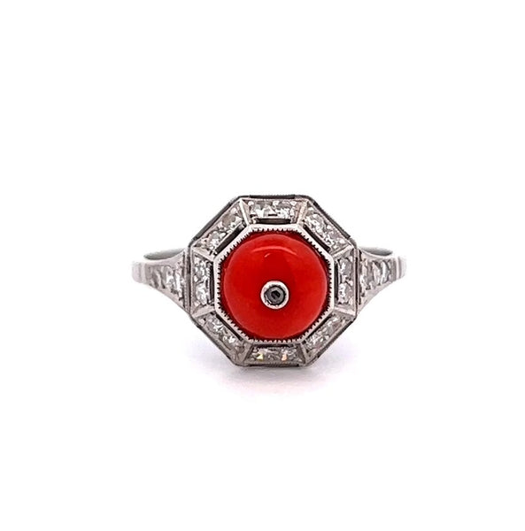 Art Deco Inspired Coral Diamond Platinum Ring