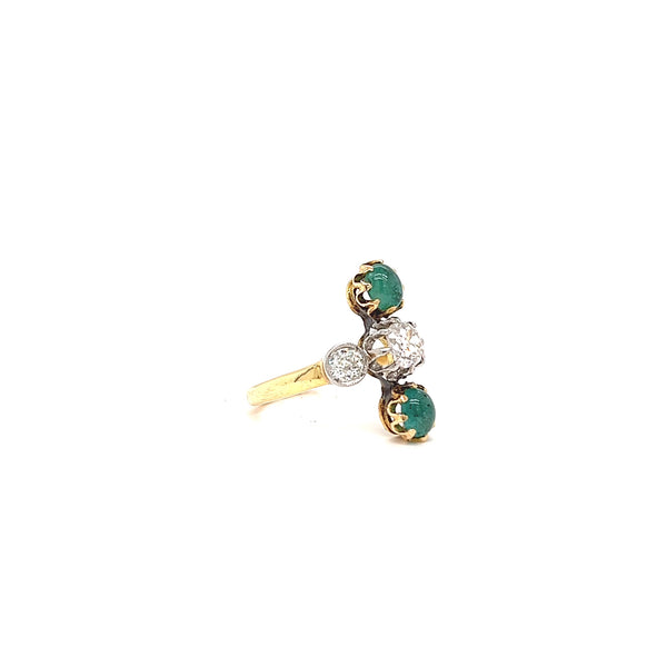 Antique French Old Mine Cut Diamond Emerald 18 Karat Gold Ring