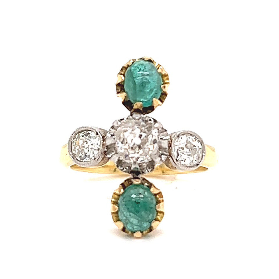 Antique French Old Mine Cut Diamond Emerald 18 Karat Gold Ring Rings Jack Weir & Sons   