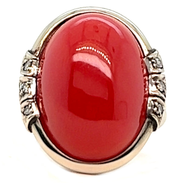 Vintage Oxblood Coral Diamond 14 Karat White Gold Ring Rings Jack Weir & Sons   