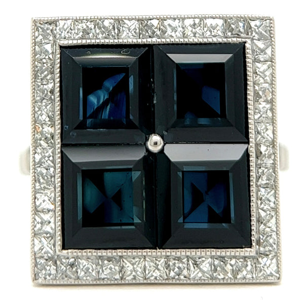 Art Deco Inspired Sapphire Diamond Platinum Square Cocktail Ring Jewelry Jack Weir & Sons   