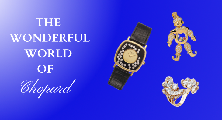 Pieces of Chopard Jewelry on blue background with text reading "The Wonderful World of Chopard"