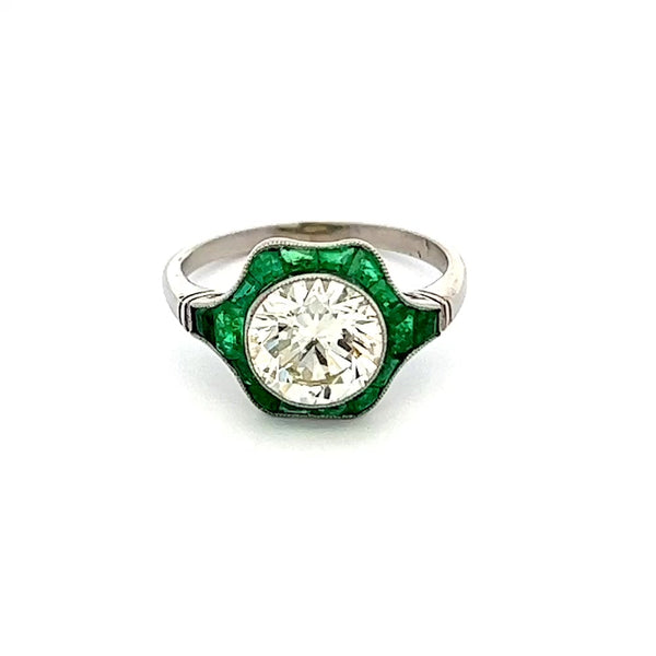 Art Deco Inspired 2.09 Carat Round Brilliant Cut Diamond and Emerald Platinum Ring