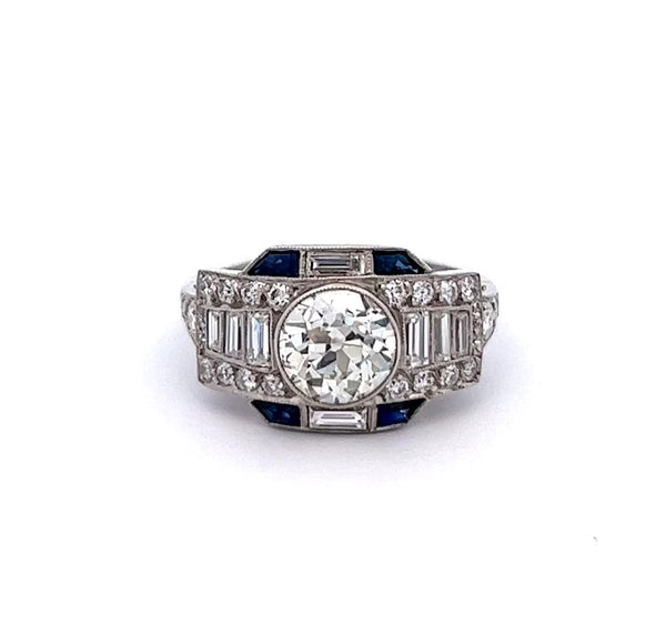 装饰艺术风格 1.49 克拉钻石和蓝宝石铂金戒指