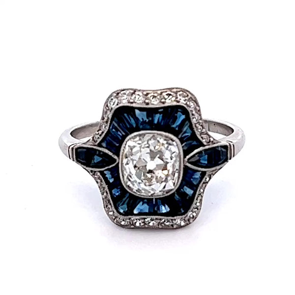 装饰艺术风格老矿式切割钻石和蓝宝石铂金戒指