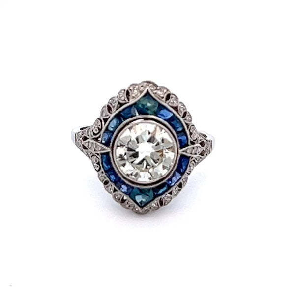装饰艺术风格 1.30 克拉圆形明亮式钻石和蓝宝石铂金花丝戒指