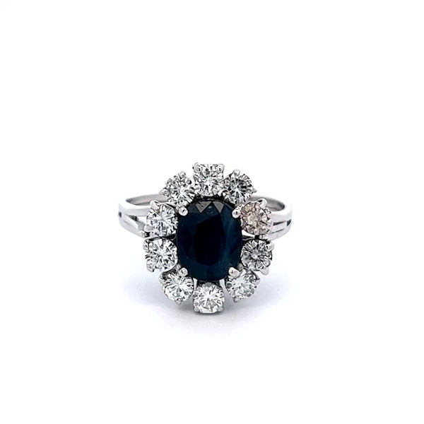 Mid-Century Sapphire and Diamond 18k White Gold Cluster Ring