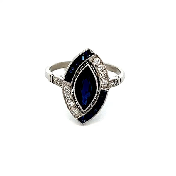 装饰艺术风格榄尖形切割蓝宝石和钻石铂金戒指
