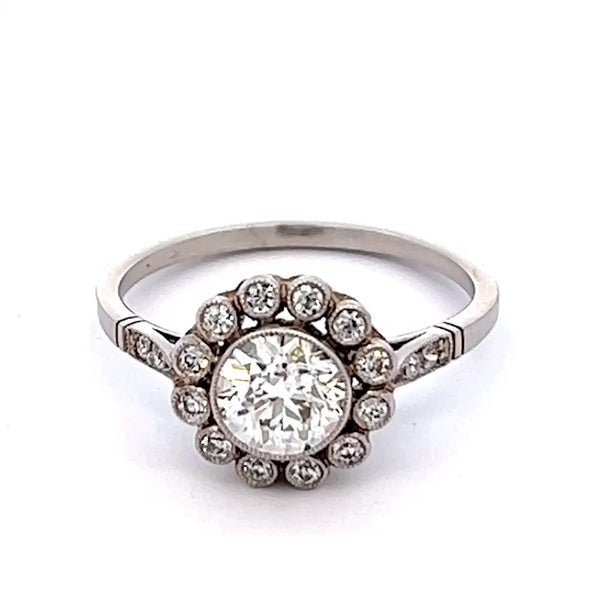 Art Deco Inspired 0.97 Carat Old European Cut Diamond Platinum Cluster Ring
