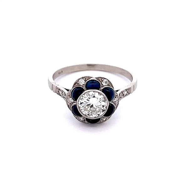 Art Deco Inspired 0.73 Carat Old European Cut Diamond Sapphire Platinum Flower Ring