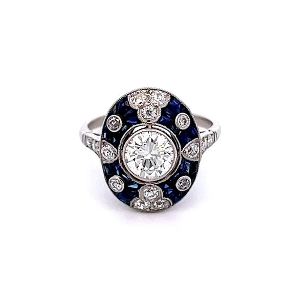 Art Deco Inspired 0.81 Carat Round Brilliant Diamond and Sapphire Platinum Ring