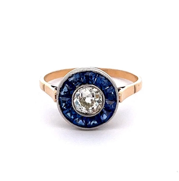 Edwardian Revival Old Mine Cut Diamond and Sapphire 18k Yellow Gold Platinum Target Ring