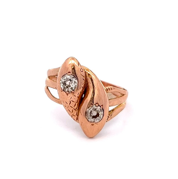 维多利亚时代钻石 14k 玫瑰金双蛇戒指