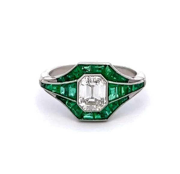 装饰艺术风格 1.04 克拉祖母绿切割钻石和祖母绿铂金戒指