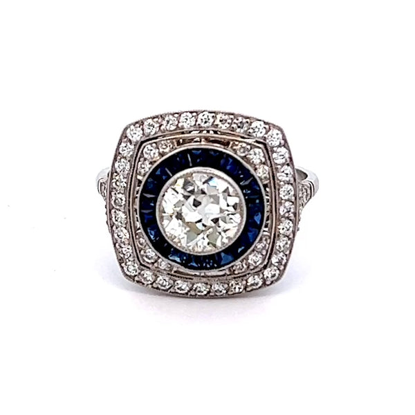 Art Deco Inspired Old European Cut Diamond and Sapphire Platinum Ring