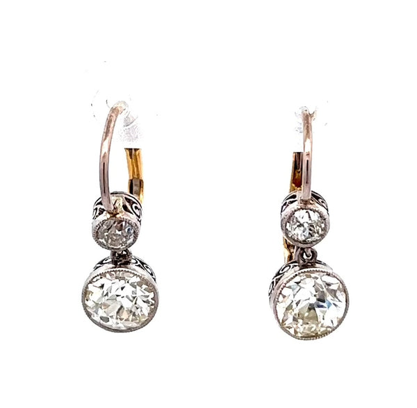 古董风格 2.47 克拉旧欧洲切割钻石铂金吊式耳环