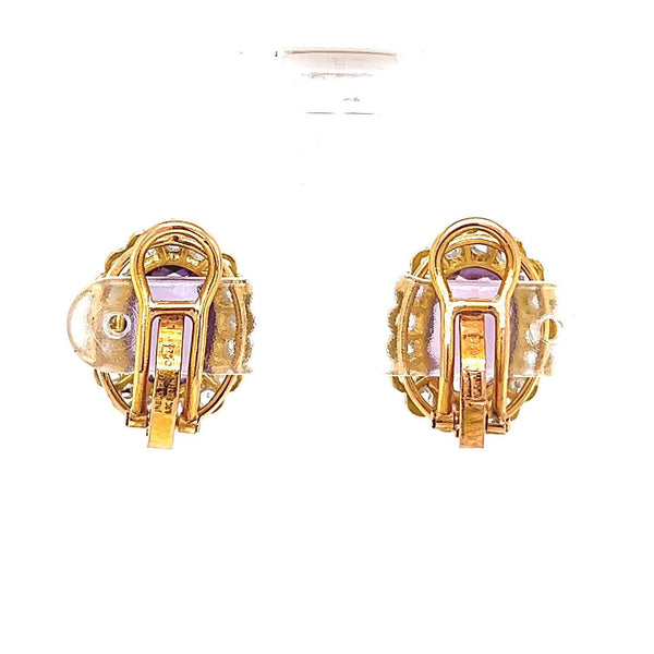 Boucles d'oreilles à clip antiques en or jaune 18 carats avec améthyste et diamant
