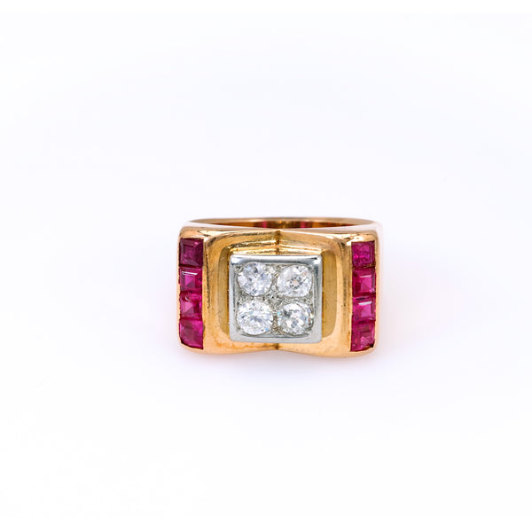 Retro French Diamond and Ruby 18k Two Tone Gold Tank Ring
