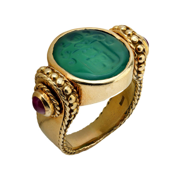 Vintage Italy chrysoprase ruby 18k yellow gold intaglio signet ring Jack Weir & Sons