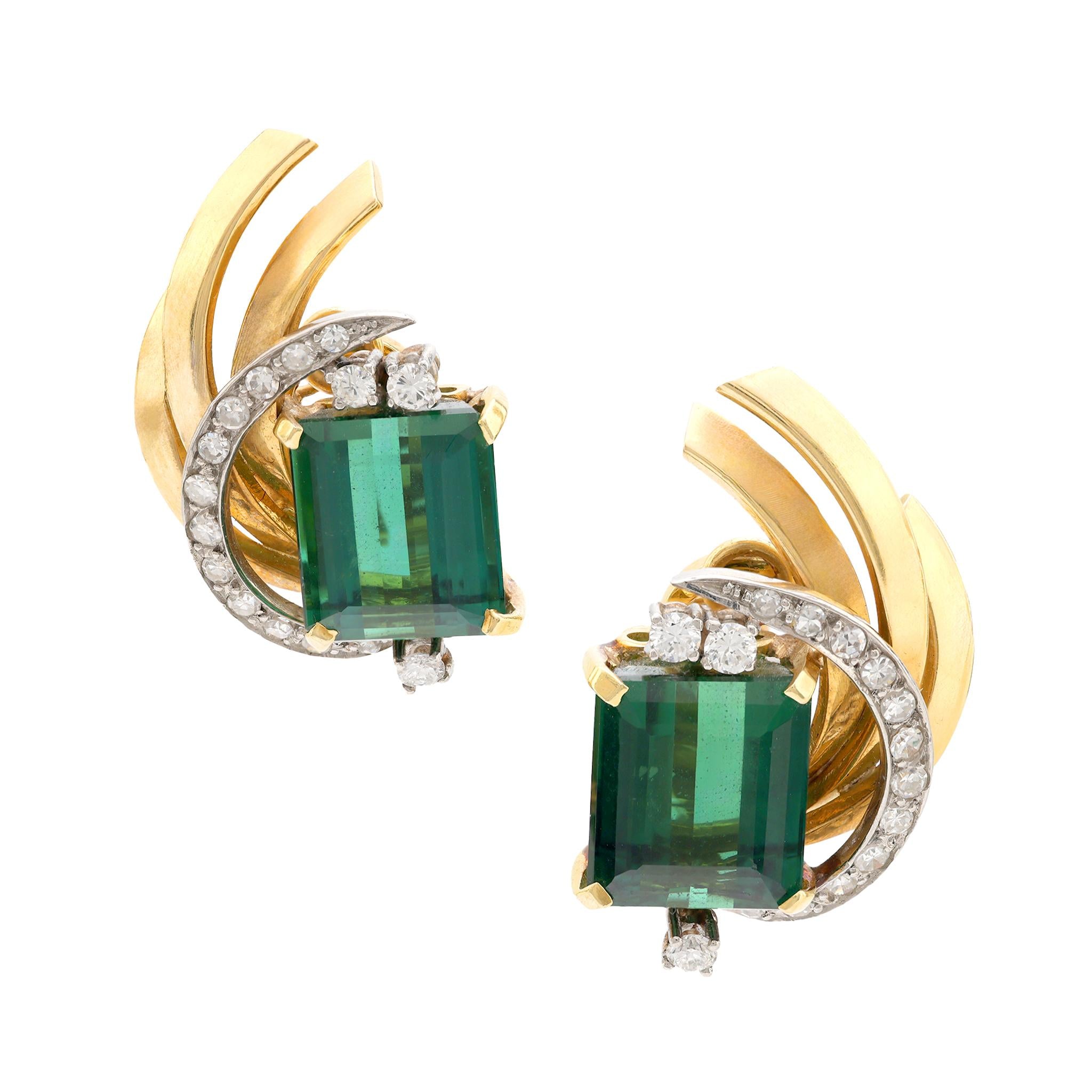 Vintage 14 carat green tourmaline diamond 18k yellow gold earrings Jack Weir & Sons