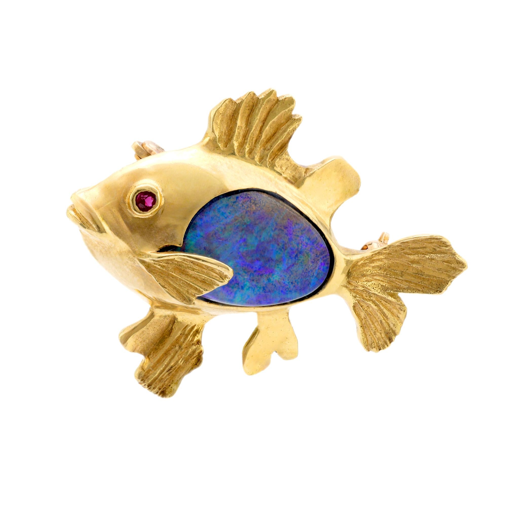 Vintage opal ruby 18k yellow gold fish brooch Jack Weir & Sons