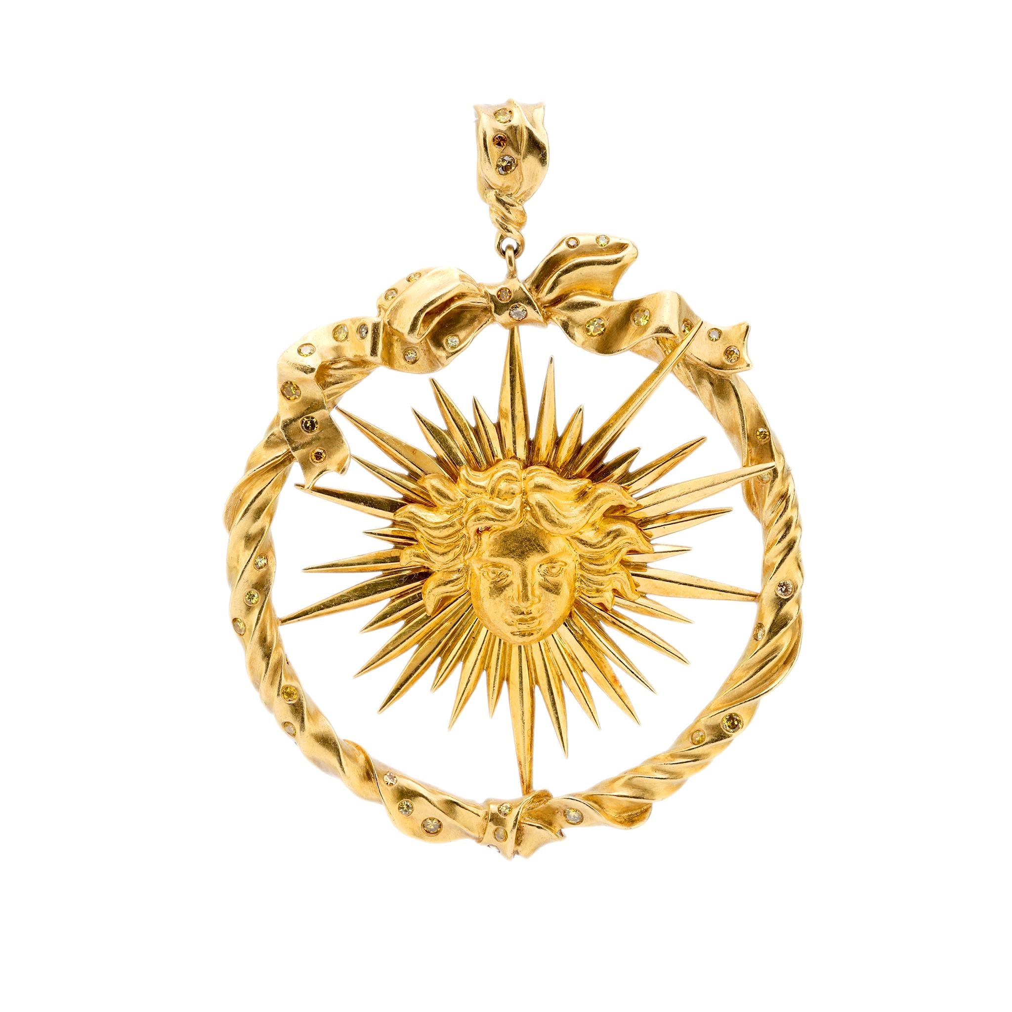 Julius Cohen fancy yellow diamond 18k gold sun pendant Julius Cohen