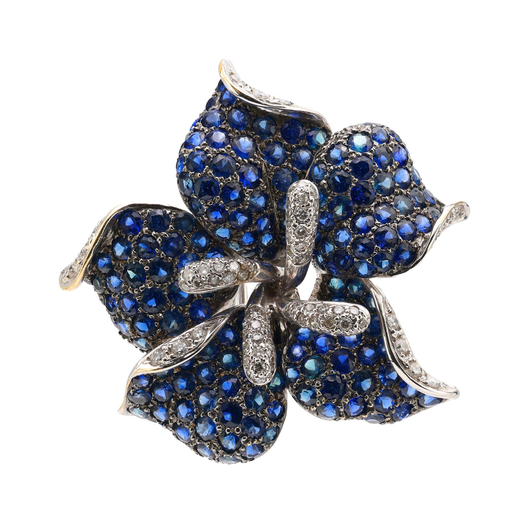 Modern 9 carat sapphire diamond 18k white gold flower brooch Jack Weir & Sons