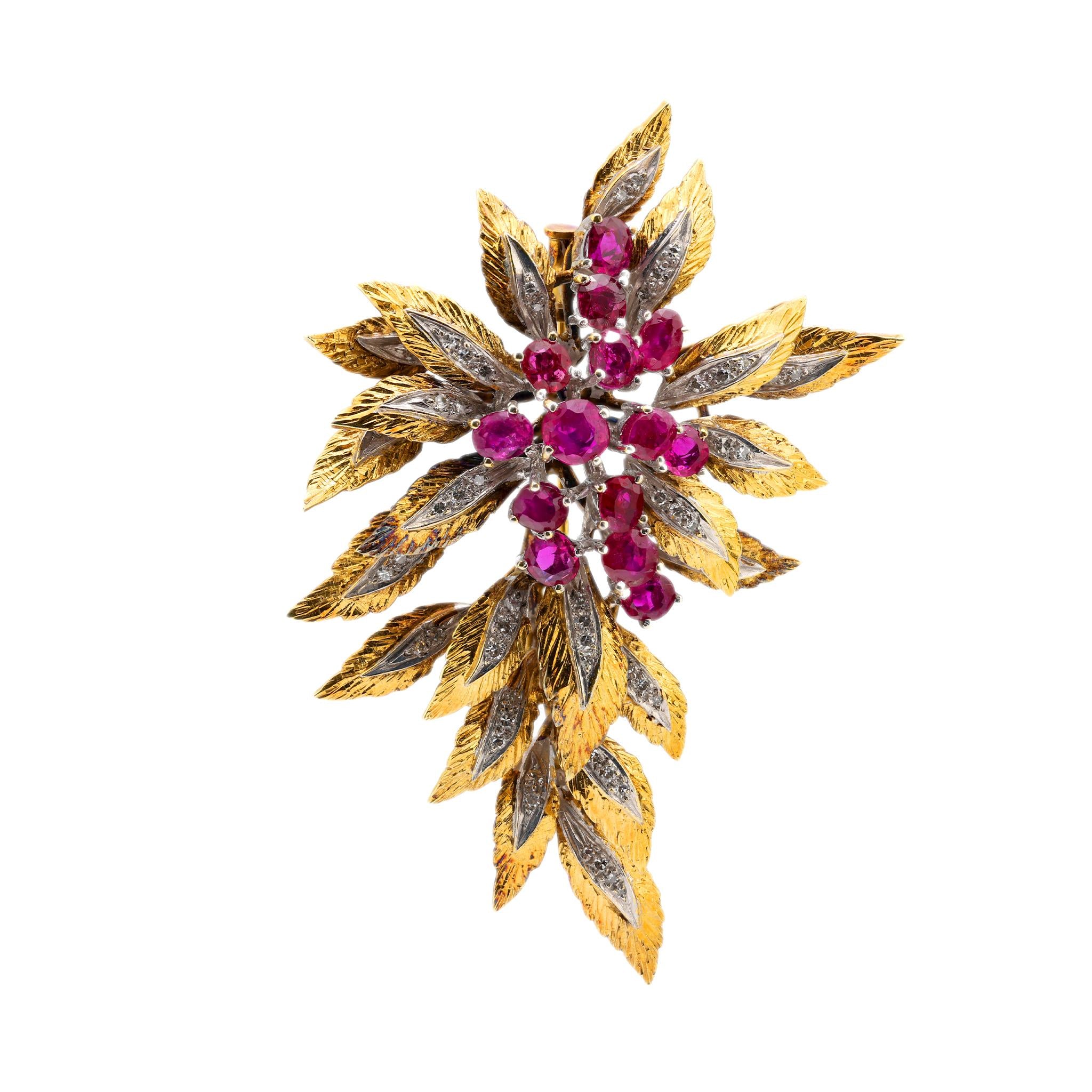 Retro 5 carat ruby diamond 14k gold leaf brooch Jack Weir & Sons