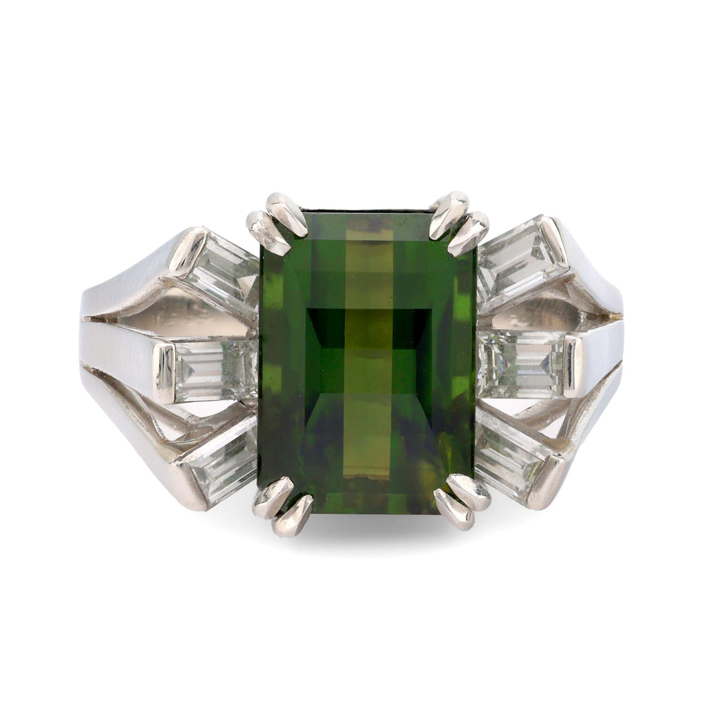 Mid Century 5.60 carat green tourmaline diamond platinum cocktail ring Jack Weir & Sons