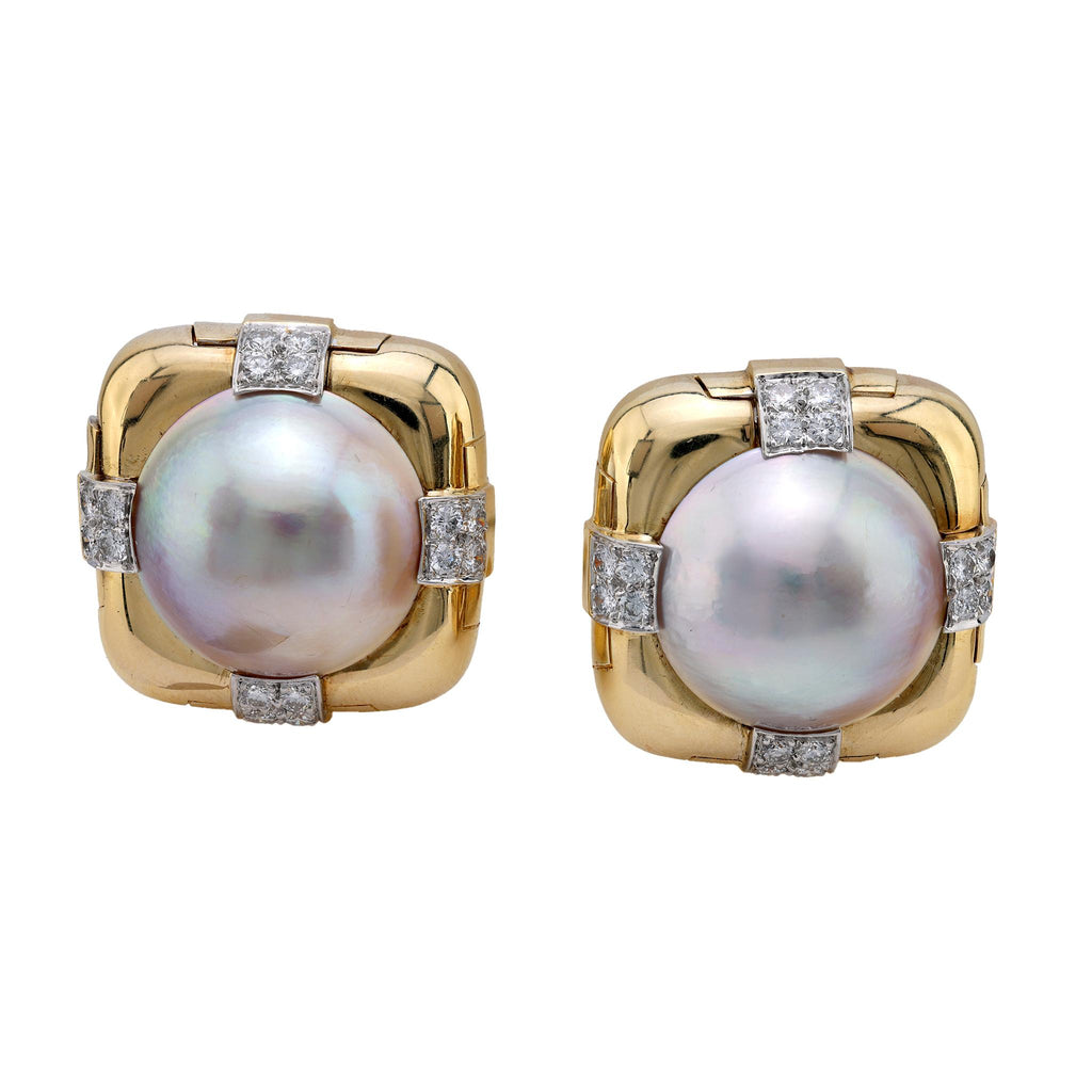 David Webb mabe pearl and diamond 18k yellow gold earrings David Webb